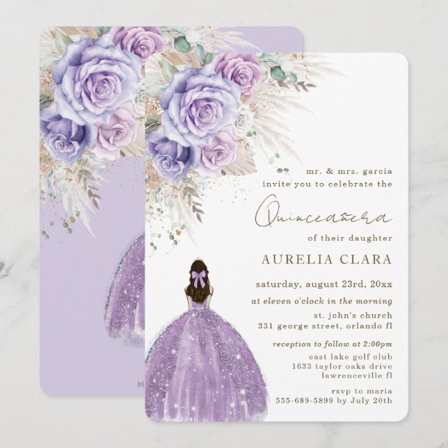 Invitación Boho Rustic Pampas Morado Floral Quinceañera (Anverso / Reverso)