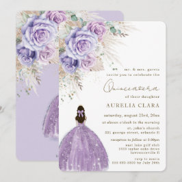 Invitación Boho Rustic Pampas Morado Floral Quinceañera