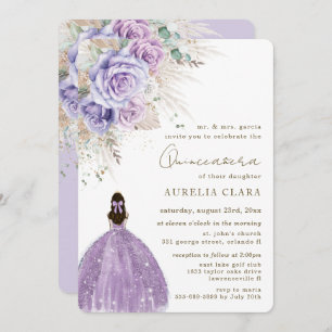 Invitación Boho Rustic Pampas Morado Floral Quinceañera
