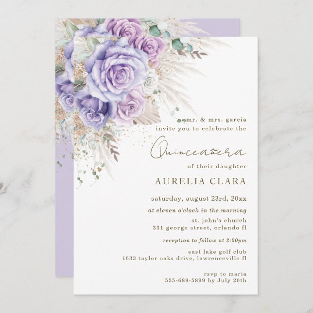 Invitación Boho Rustic Pampas Morado Floral Quinceañera Invi (Anverso / Reverso)