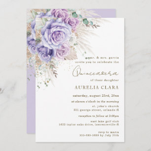 Invitación Boho Rustic Pampas Morado Floral Quinceañera Invi