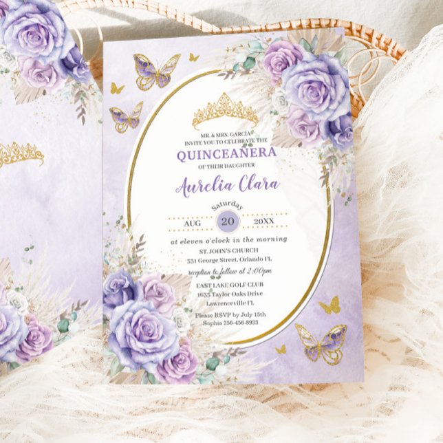 Invitación Boho Rustic Pampas Purple Lilac Floral Quinceañera (Subido por el creador)
