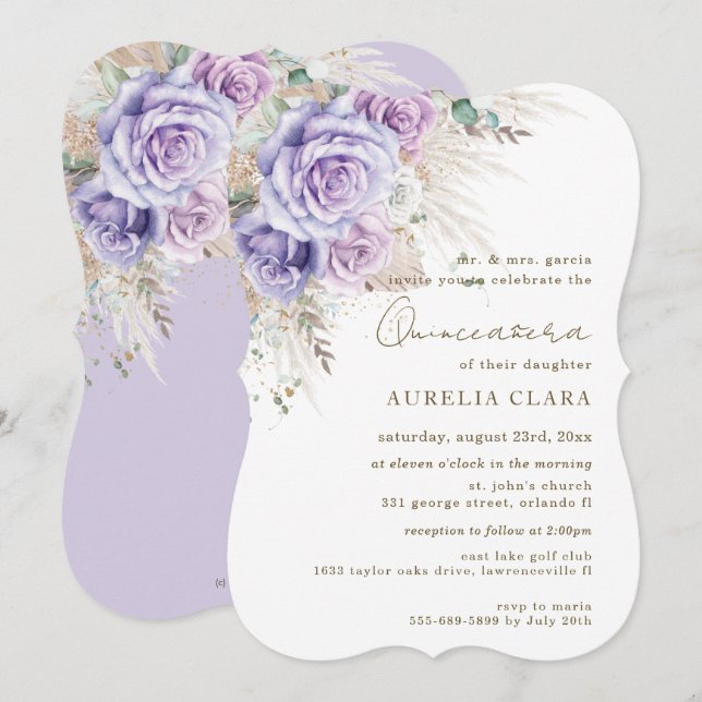 Invitación Boho Rustic Pampas Purple Lilac Floral Quinceañera (Anverso / Reverso)