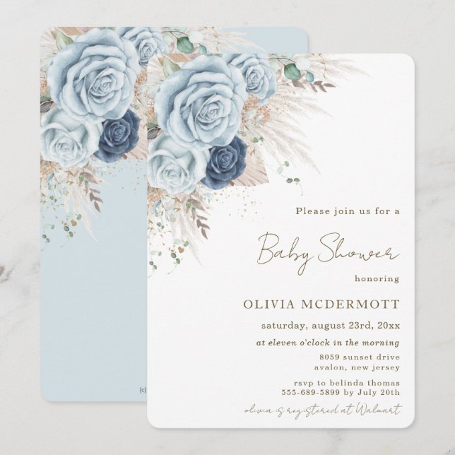 Invitación Boho Rustic Pampas Soft Blue Floral Baby Shower (Anverso / Reverso)
