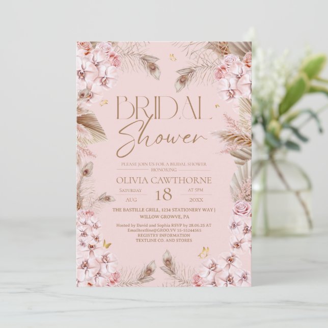 Invitación Boho Rustic Pink Bridal Shower Invitation (Anverso de pie)