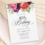 Invitación Boho Rustic Watercolor Floral 40th Birthday Fiesta<br><div class="desc">Bellamente femenina y rústica, esta invitación a la fiesta de cumpleaños 40 estilo boho tiene una suntuosa paleta de colores ricos en terracota, melocotón profundo, rojo burdeos, morado, verde azulado y amarillo. Los bonitos elementos botánicos acuáticos tienen un toque ecológico inspirado en la naturaleza y hacen que la invitación resulte...</div>