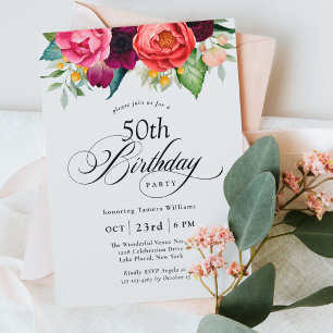 Invitación Boho Rustic Watercolor Floral 50 cumpleaños
