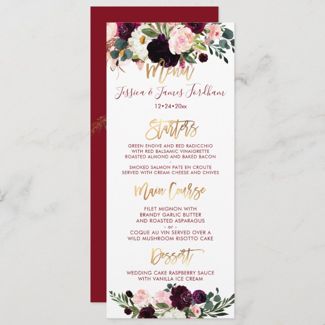 Invitación Boho Rustic Watercolor Flores Gold Script Menú (Anverso / Reverso)