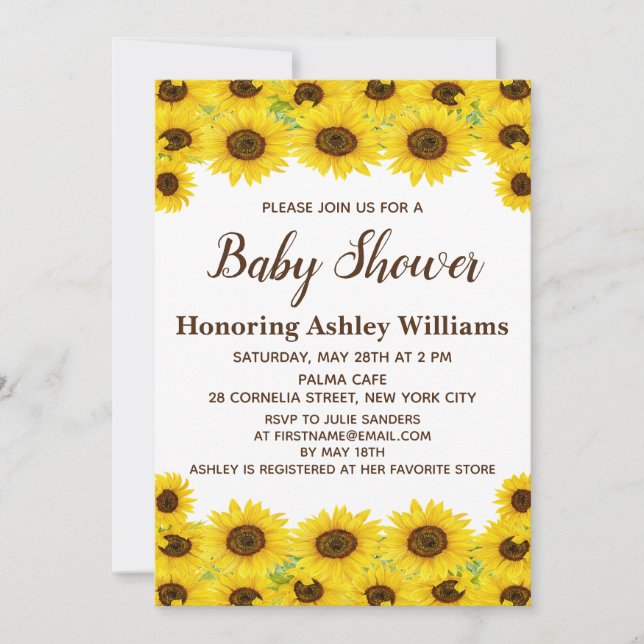 Invitación Boho Rustic Watercolor Sunflowers Cuta Baby Shower (Anverso)