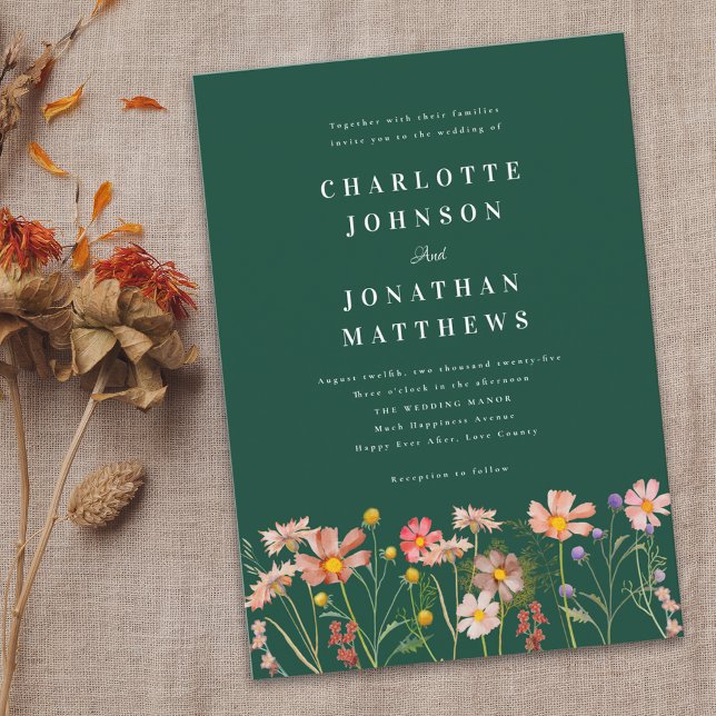 Invitación Boho Rustic Wildflower Green Boda (Boho rustic Wildflower floral dark green Wedding invitation Watercolor flowers elegant modern )