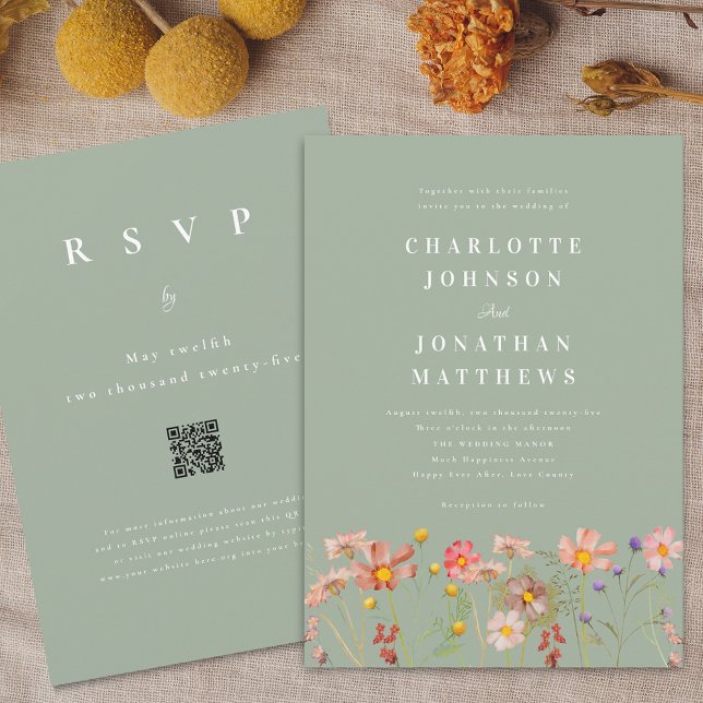 Invitación Boho Rustic Wildflower Sage Green Boda (Boho fall Wildflower floral sage green Wedding qr code invitation Watercolor flowers outdoor meadow)