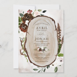 Invitación Boho Rustic Wood & Floral Burgundy Rosa Boda