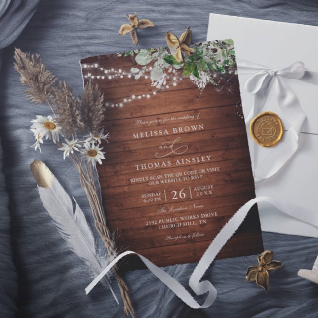 Invitación Boho Rustic Wood Greenery Elegant QR Code Wedding (Subido por el creador)