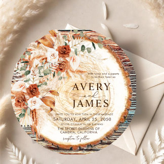 Invitación Boho Rustic Wood Slice Wedding Invitation – Pampas