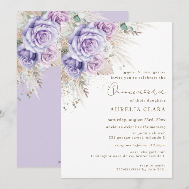Invitación Boho Rústica Pampas Floral Morada Quinc (Anverso / Reverso)