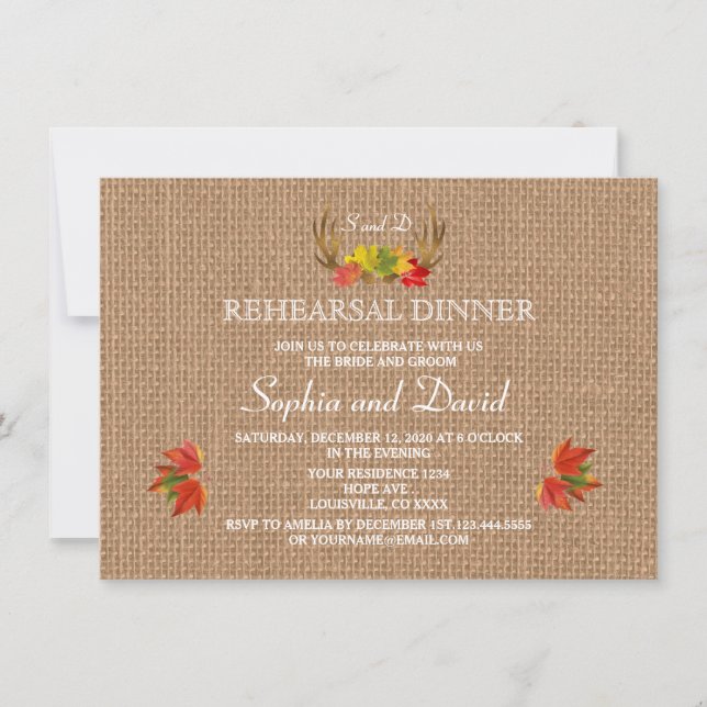 Invitación Boho Rústico Antlers Cena ensayo de boda de otoño (Anverso)