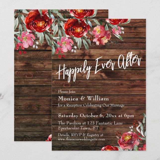 Invitación Boho Rústico Burgundy Rojo Floral Felices para Sie (Anverso / Reverso)