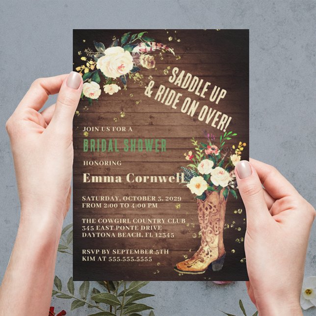 Invitación Boho Rústico Cowgirl Floral Boots Británica Ducha (Subido por el creador)