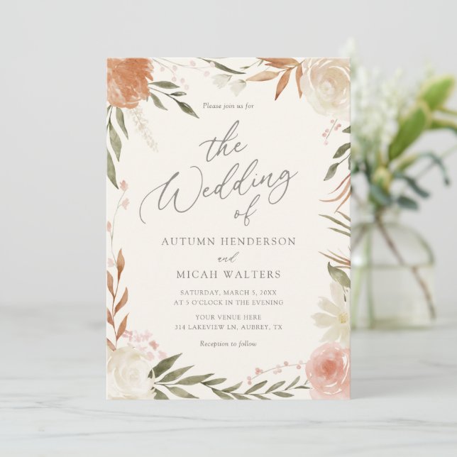 Invitación Boho Rústico Fall Boda de la vegetación floral (Anverso de pie)