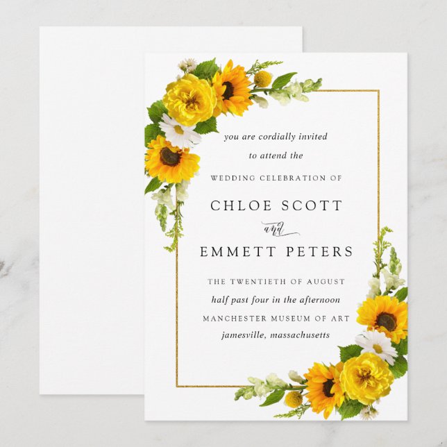Invitación Boho Rústico Girasol Boda floral de verano amarill (Anverso / Reverso)
