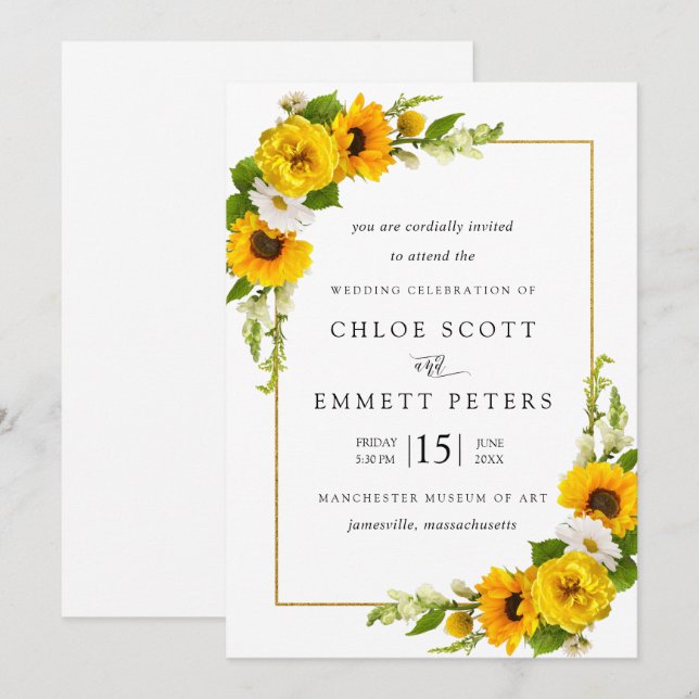 Invitación Boho Rústico Girasol Boda floral de verano amarill (Anverso / Reverso)