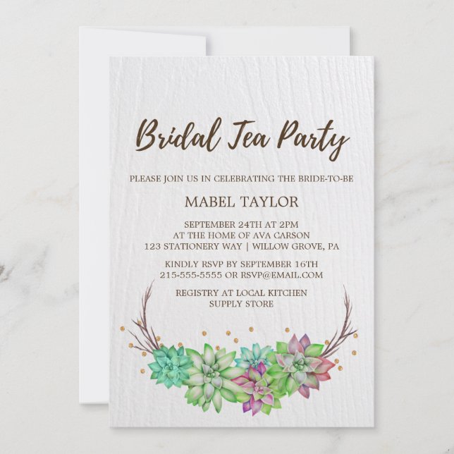Invitación Boho Rústico Mint Floral Suculento Bridal Tea Fies (Anverso)