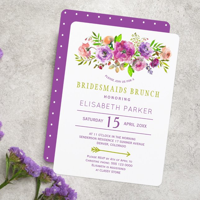 Invitación Boho rústico morado verde floral bridesmaids brunc (Subido por el creador)