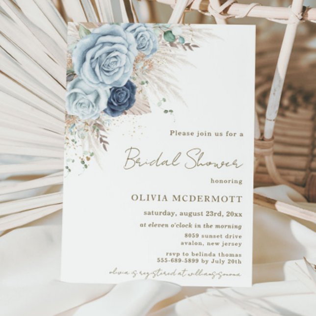 Invitación Boho Rústico Pampas Floral Azul suave Ducha de nov (Subido por el creador)