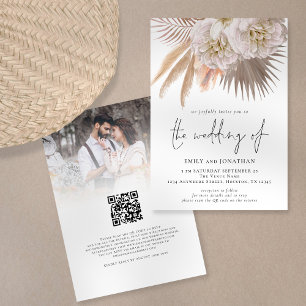 Invitación Boho Rústico Pampas Letra Código QR Foto Boda