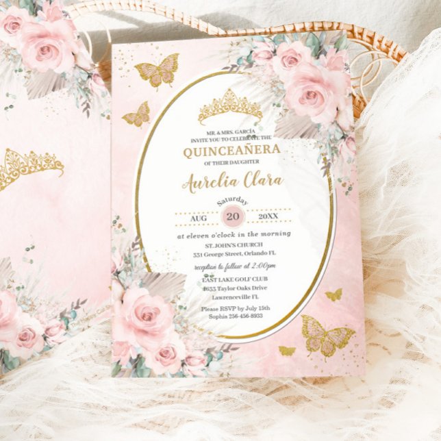 Invitación Boho rústico Pampas Rosa Claro Floral Quinceañera (Subido por el creador)