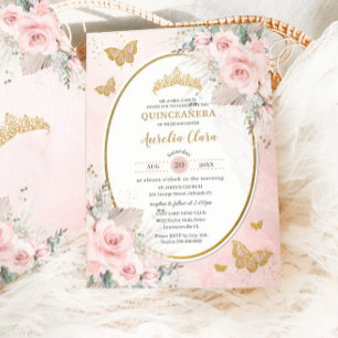 Invitación Boho Rústico Pampas Rosa Floral Quinceañera
