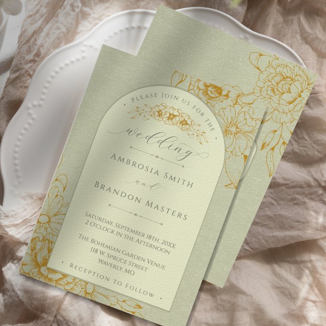 Invitación Boho Rústico Sage Green Floral Arch Boda (An elegant boho sage green wedding invitation with an arch and gold flower outlines)
