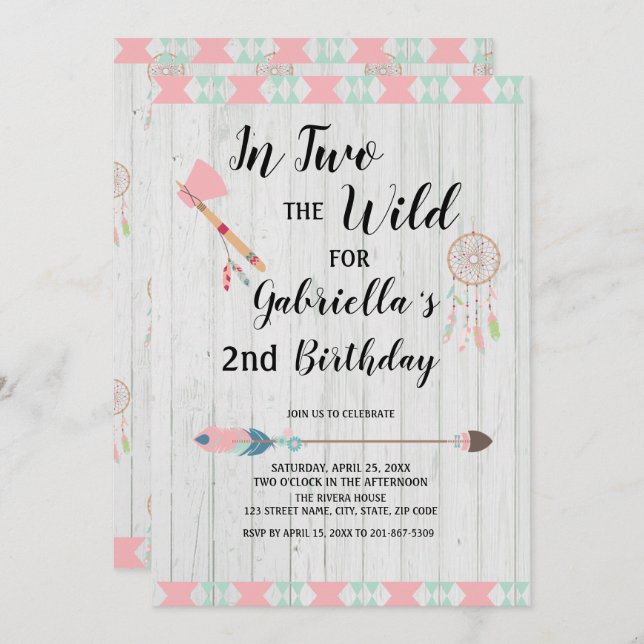 Invitación Boho rústico tribal en DOS el 2do cumpleaños (Anverso / Reverso)