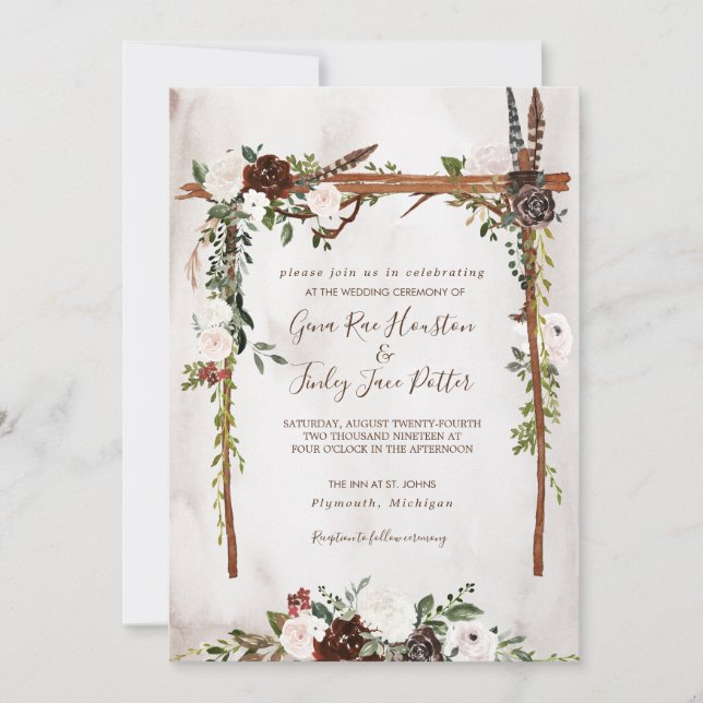 Invitación Boho Rústico Wood & Floral Arch Canopy Boda (Anverso)