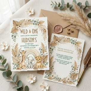 Invitación Boho Safari 1er Cumpleaños Salvaje y Único Pampas