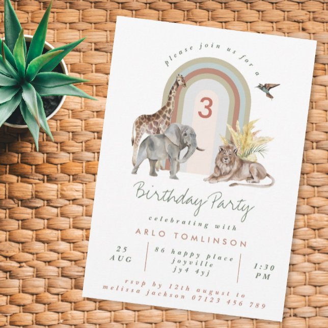 Invitación Boho Safari Animals & Rainbow Arch Fiesta de cumpl (Subido por el creador)