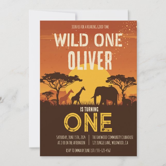 Invitación Boho Safari Atardecer Cumpleaños Salvaje Uno (Anverso)