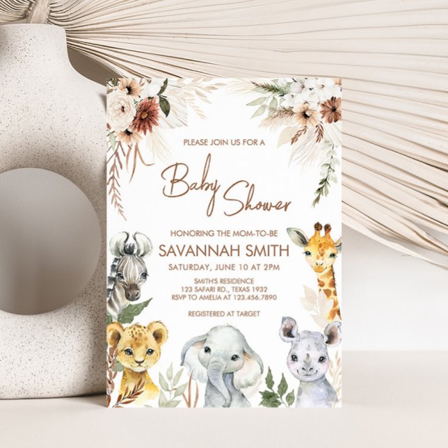 Invitación Boho Safari Baby Shower (Boho Safari Animals Baby Shower Invitation)