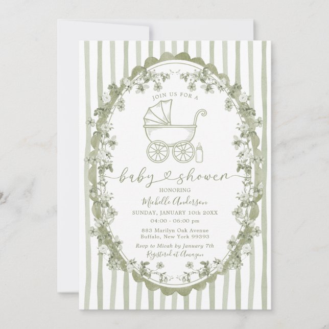 Invitación Boho Sage Bebé Tiras De Carrito Bow Baby Shower (Anverso)