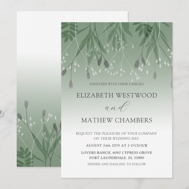 Invitación Boho Sage Boda de follaje con presión verde (Anverso / Reverso)