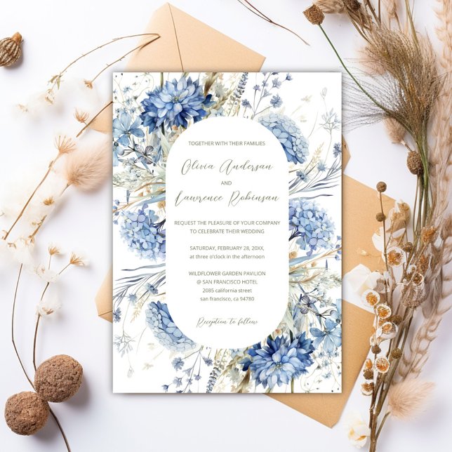 Invitación Boho Sage Dusty Blue Wildflowers Boda de Invierno  (Boho Sage Dusty Blue Wildflowers QR Winter Wedding Invitation)