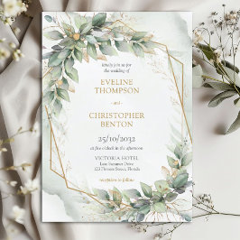Invitación Boho sage eucalipto deja boda purpurina de oro