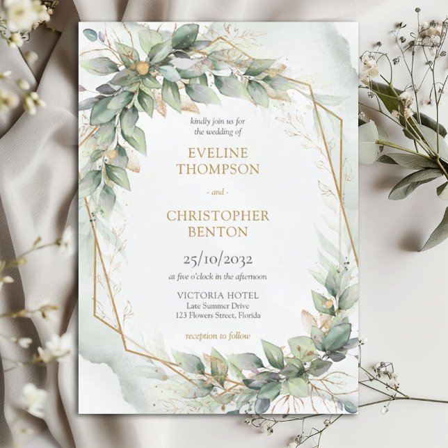 Invitación Boho sage eucalipto deja boda purpurina de oro (Boho Eucalyptus greenery branches faux gold frame wedding invitation template)