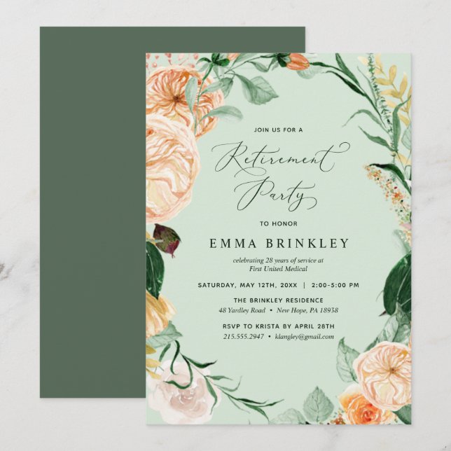 Invitación Boho Sage Fiesta de Jubilación Neutra Verde Botáni (Anverso / Reverso)