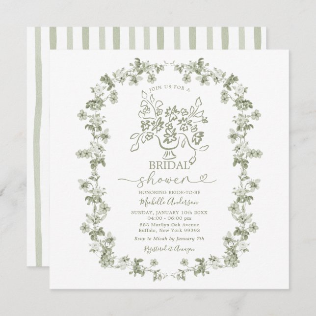 Invitación Boho Sage Floral Bouquet Bow Bridal Shower (Anverso / Reverso)