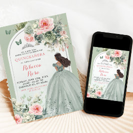Invitación Boho Sage Floral Rosa Verde Quinceañera