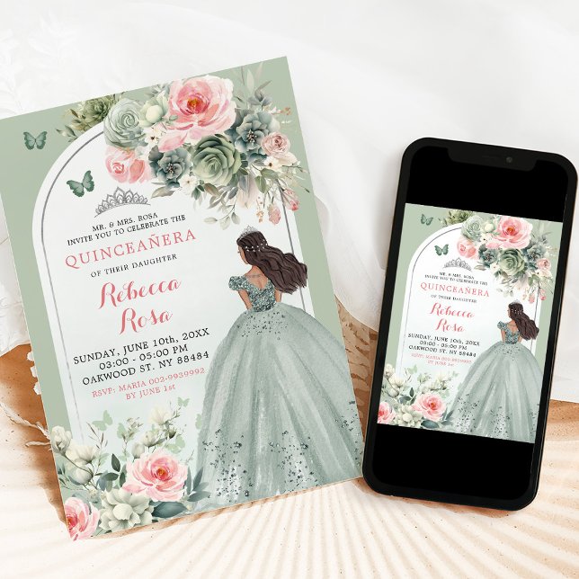 Invitación Boho Sage Floral Rosa Verde Quinceañera (Subido por el creador)