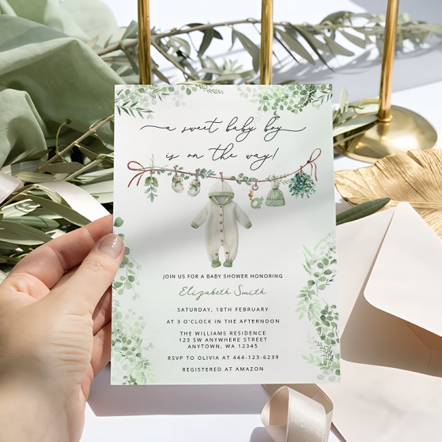 Invitación Boho Sage Green Baby Boy Ropa Baby Shower (Subido por el creador)