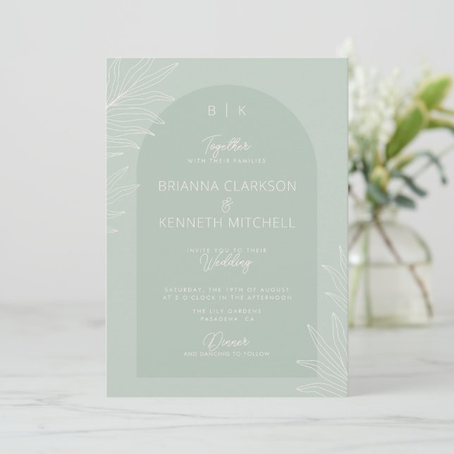 Invitación Boho Sage Green botánico con Boda de fotografía ar (Anverso de pie)