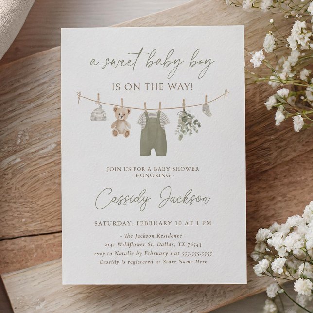 Invitación Boho Sage Green Boy Clothes Baby Shower (Subido por el creador)